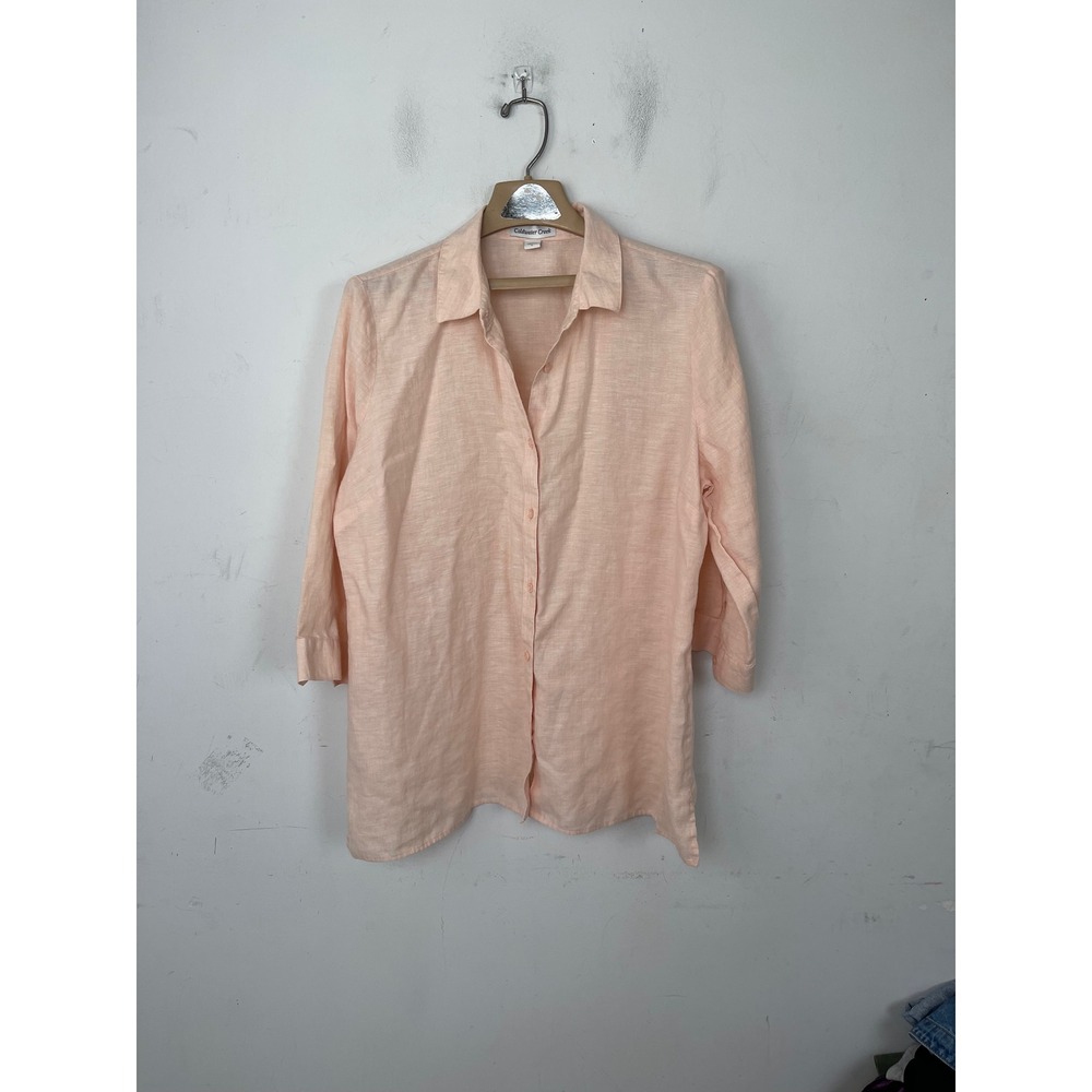 Coldwater Creek Peach 100% Linen Button Down Shirt 3/4 Sleeve Womens Large